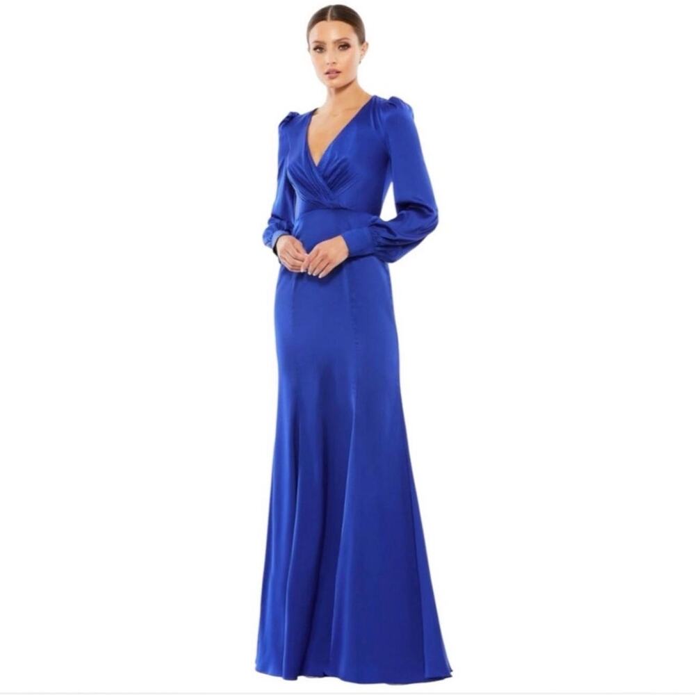 Mac Duggal Ruched Bishop Sleeves Royal Blue Gown